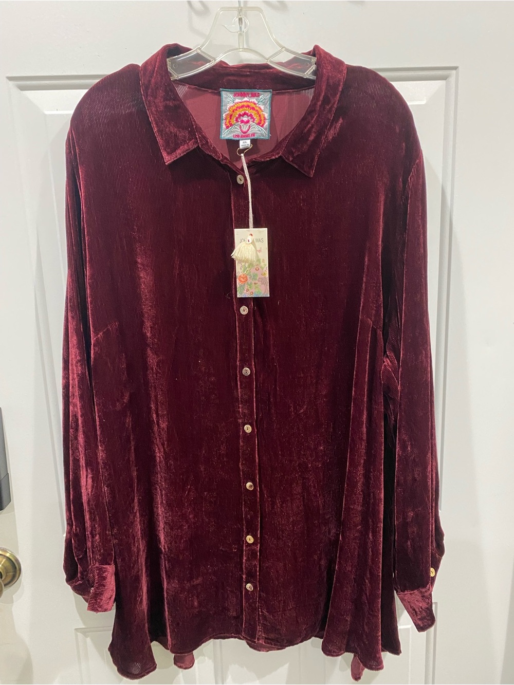 Johnny Was Velvet Button-Front Elegant Tunic Top in Deep Burgundy